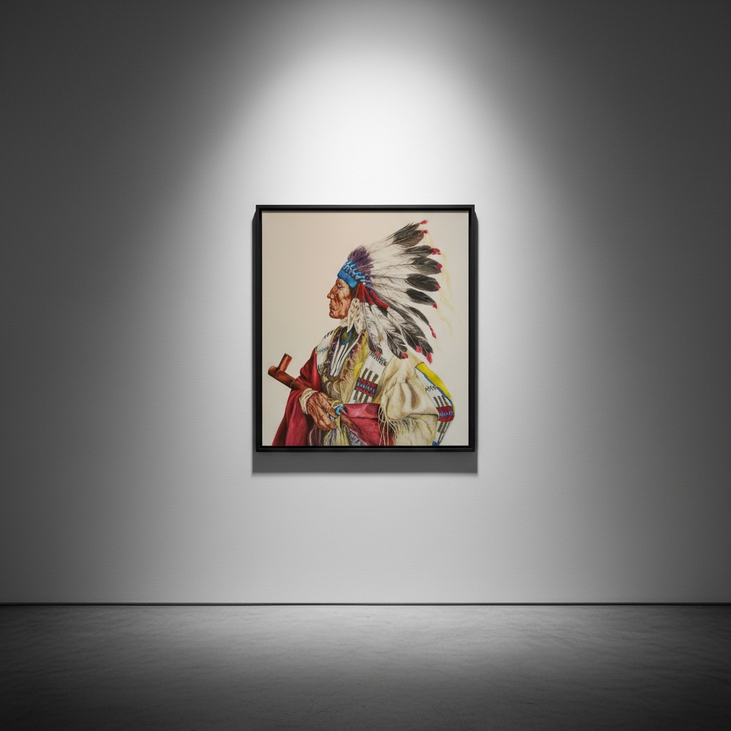 Watercolour portrait of a chief in a feathered headdress, framed on a gallery wall