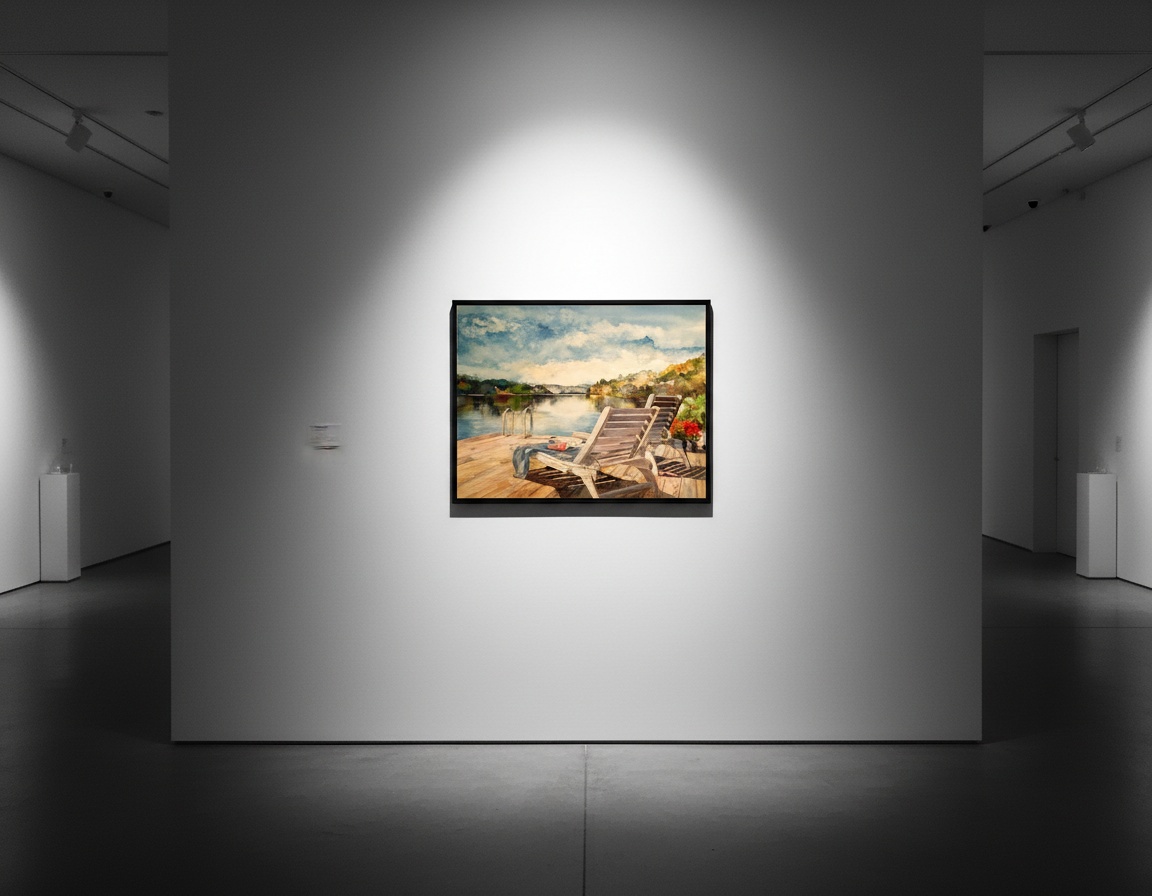 Watercolour of Muskoka chairs on a dock by a still lake, framed on a gallery wall