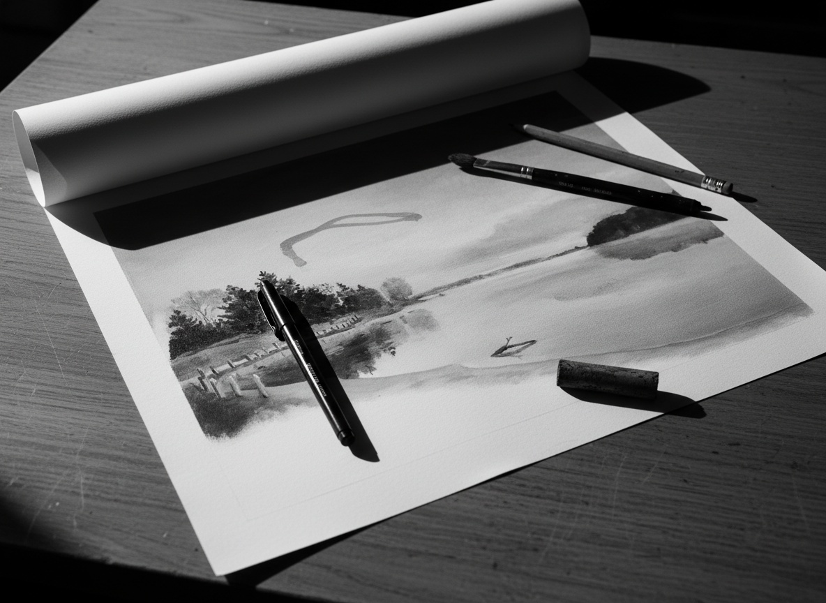 Watercolour of a lake bay on curling paper, brush, fineliner and charcoal resting across it
