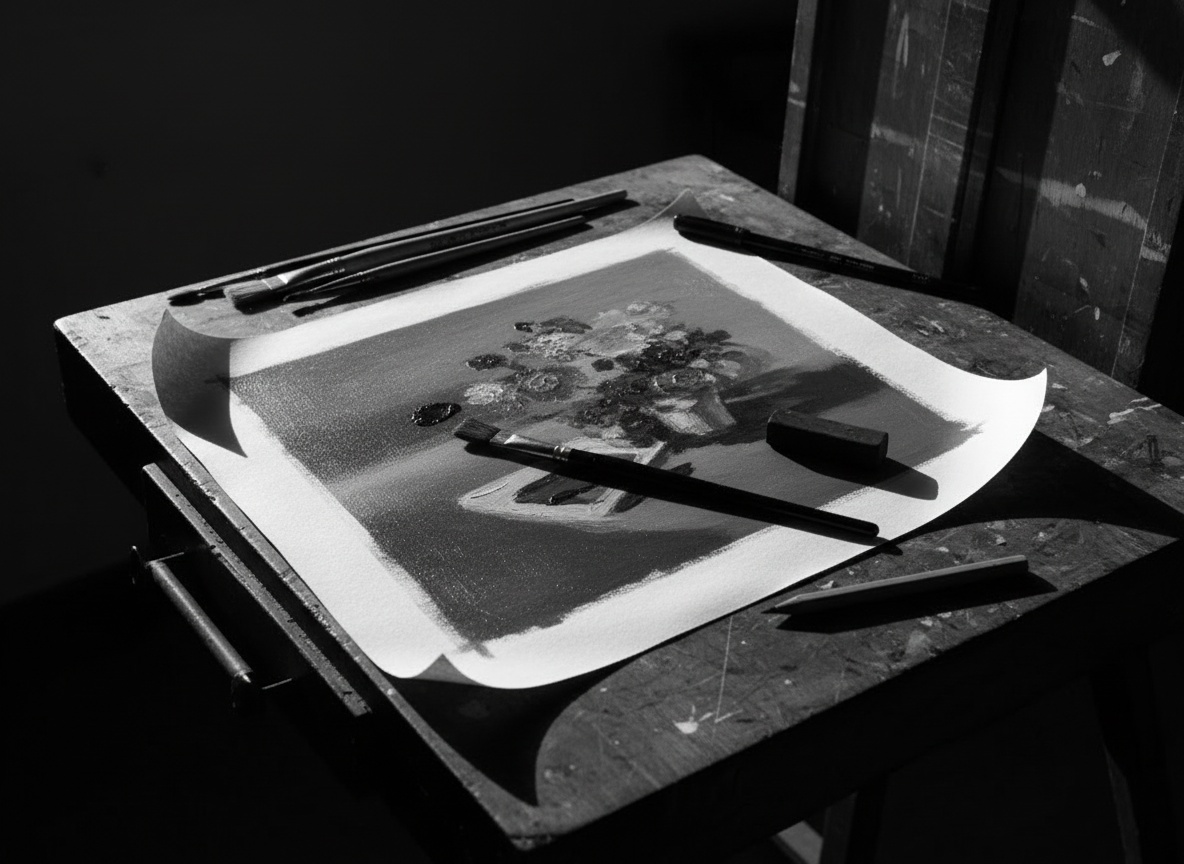 Floral still-life painting on curling paper propped on an easel, a loaded brush across it