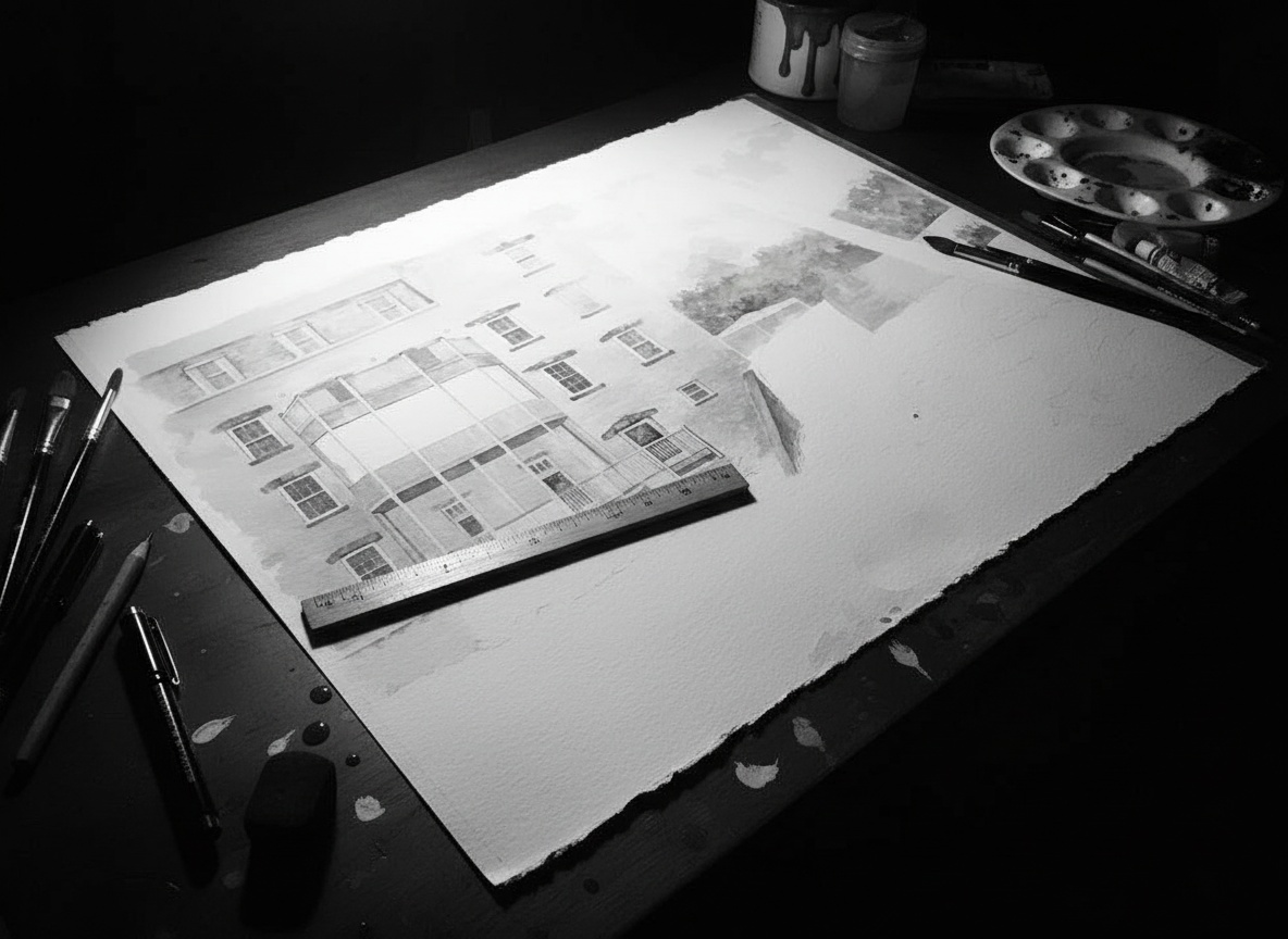 Watercolour study of a building on paper, a ruler and pencils laid across the sheet mid-work