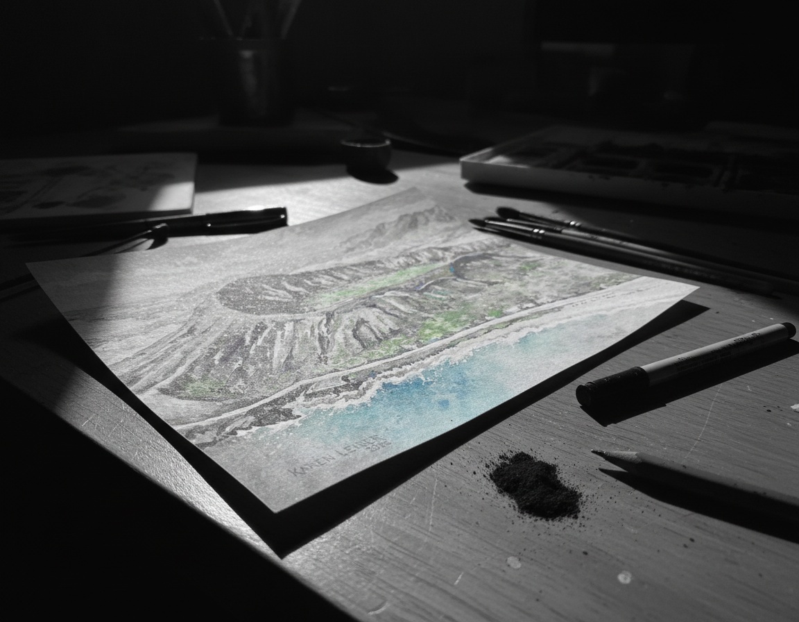 Painting of a crater and shoreline on paper, charcoal dust and a fineliner beside it