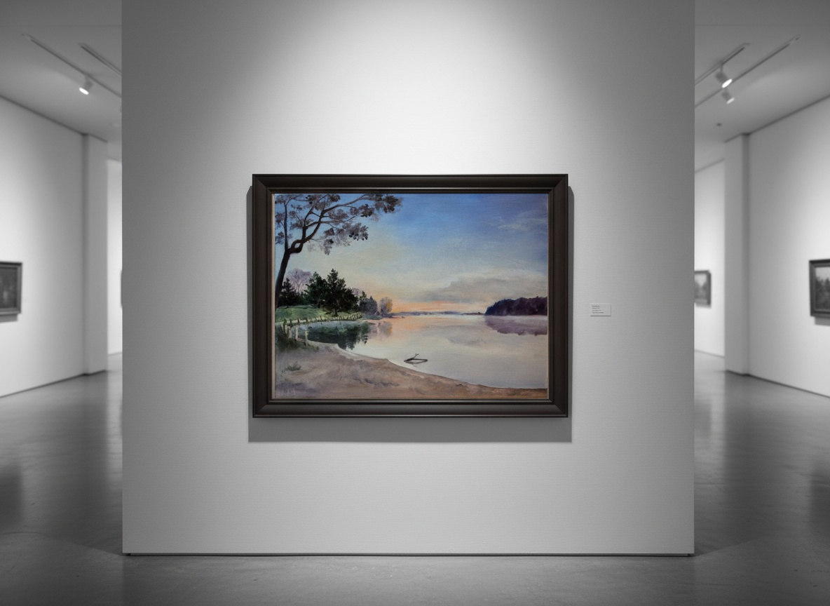Painting of a calm bay at dusk with an overhanging tree, framed on a gallery wall