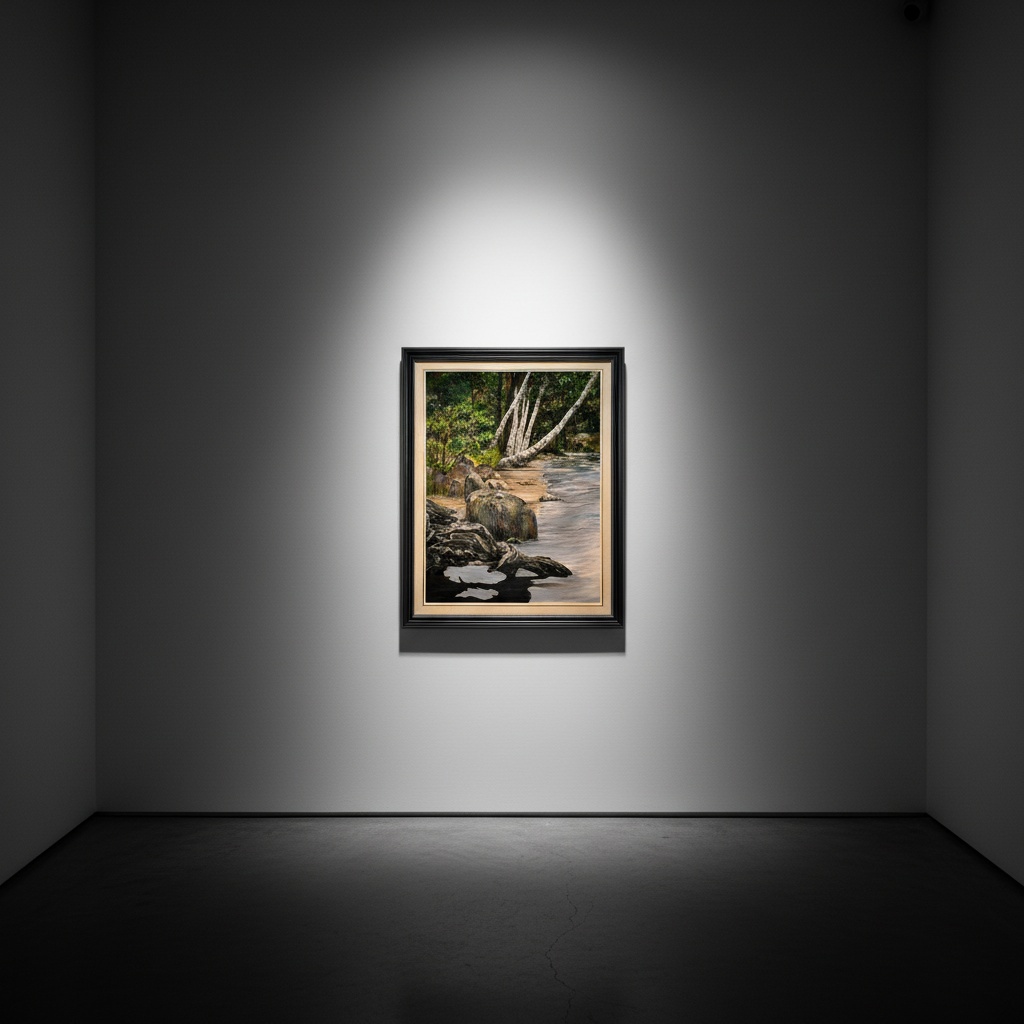 Painting of a rocky shoreline with leaning birch trunks, framed on a gallery wall