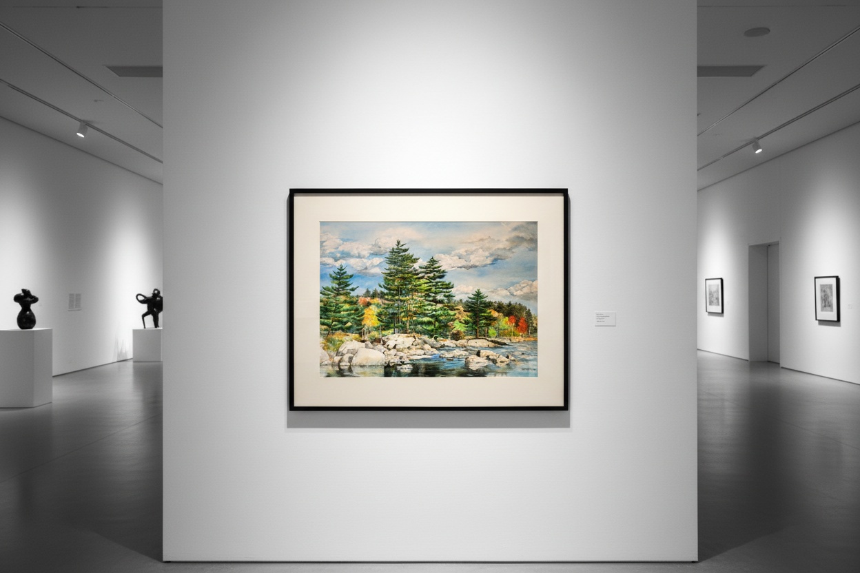 Painting of trees reflected in still water, framed on a gallery wall